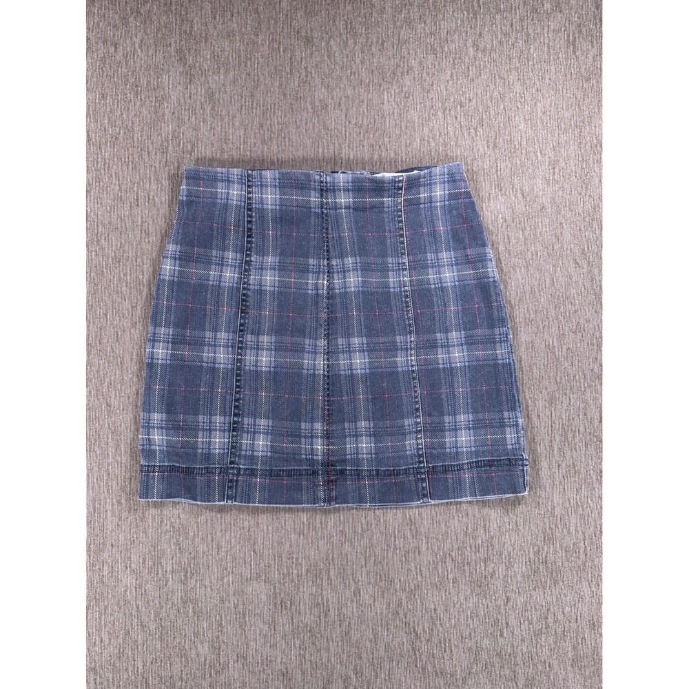 Tinseltown Womens Blue Plaid Denim Mini Skirt Size 3 A-Line Back Zip Casual